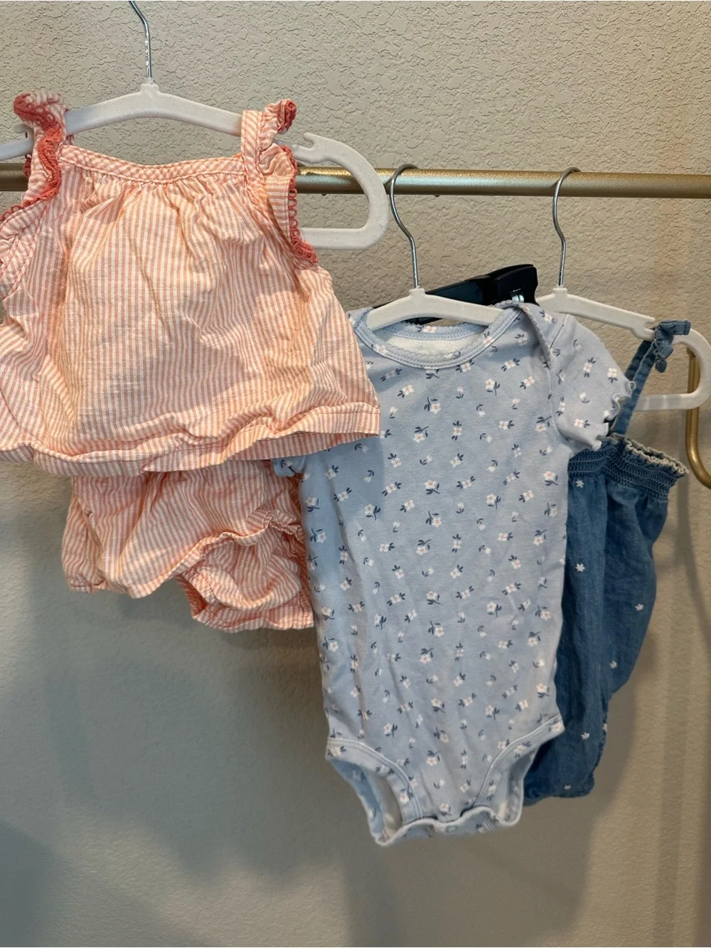 Carter's drop! Light Blue Floral Baby Bodysuit, striped 2 piece and denim onesie